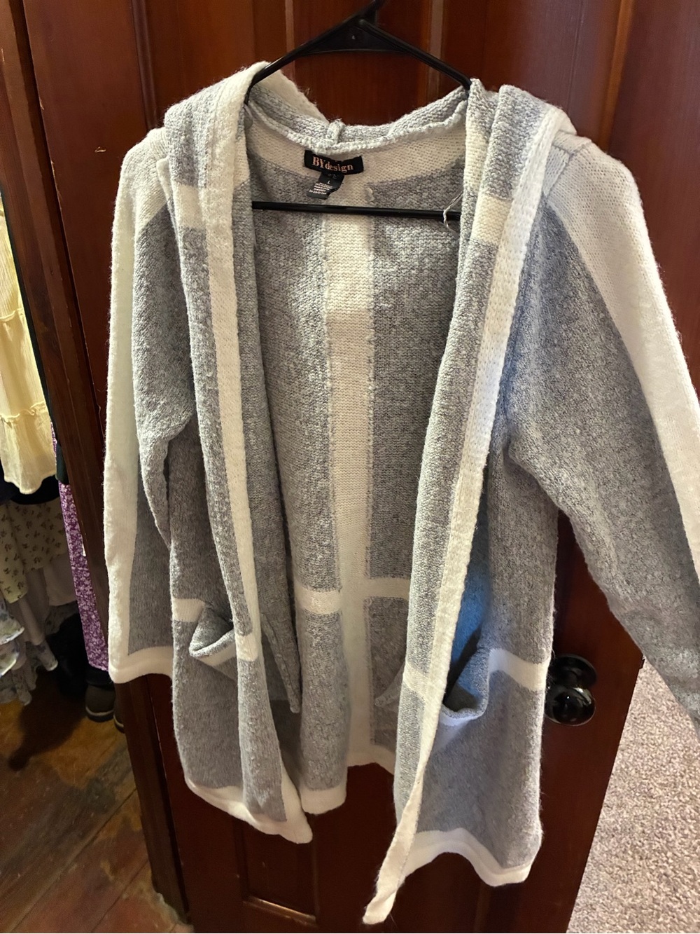 Cozy Hooded Open Cardigan in Gray and Cream by B'Design
